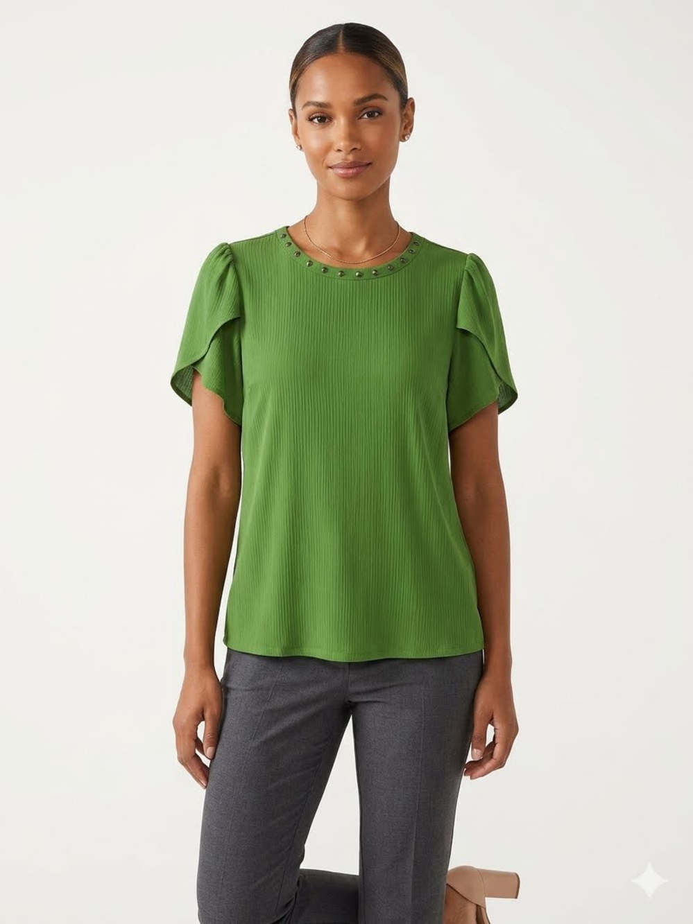 MICHAEL Michael Kors‎ Green Ruffle Sleeve Stud-Neck Blouse, Size S